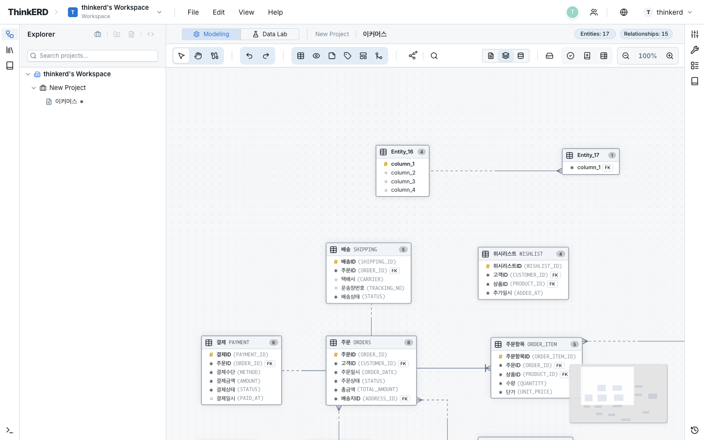 ThinkERD Main Editor — ERD canvas with entities, relationships, sidebar, and toolbar